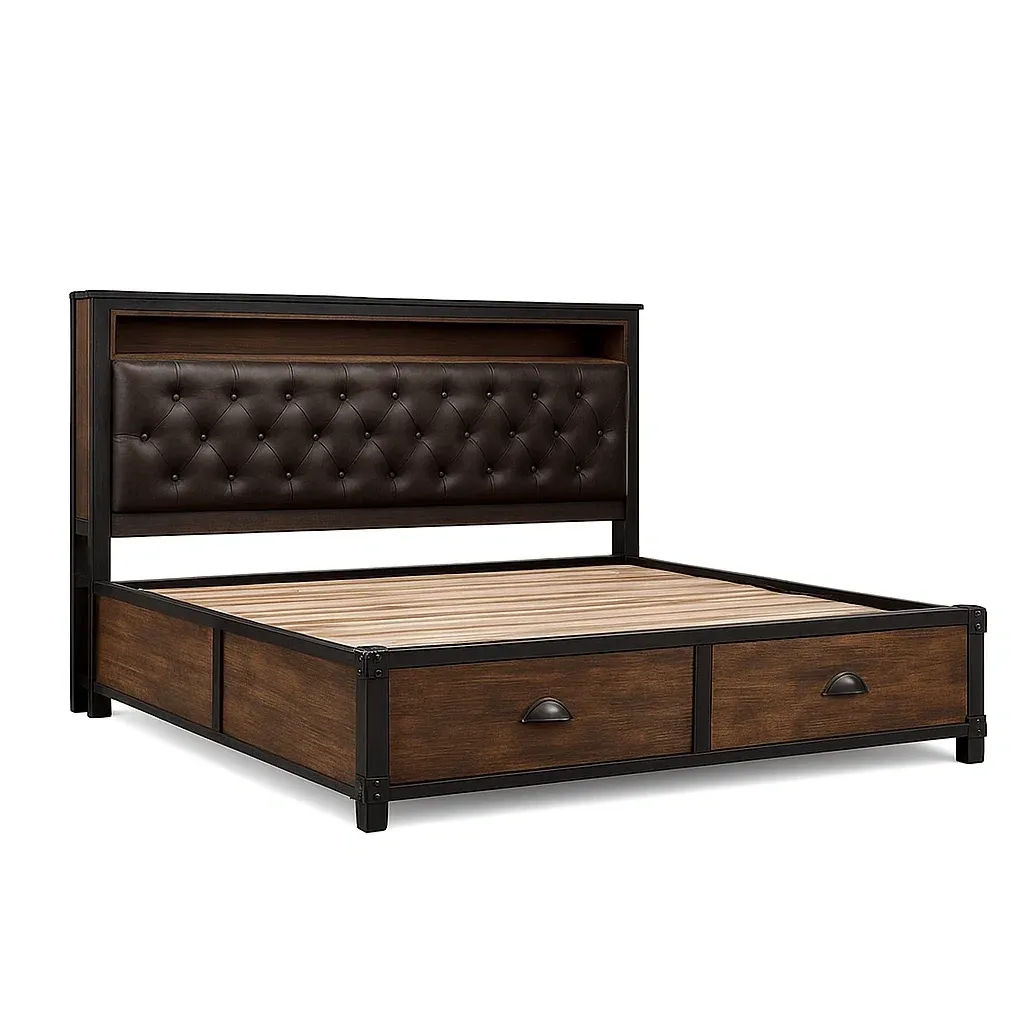 Lit avec rangement en bois avec tiroirs et tête de lit rembourrée