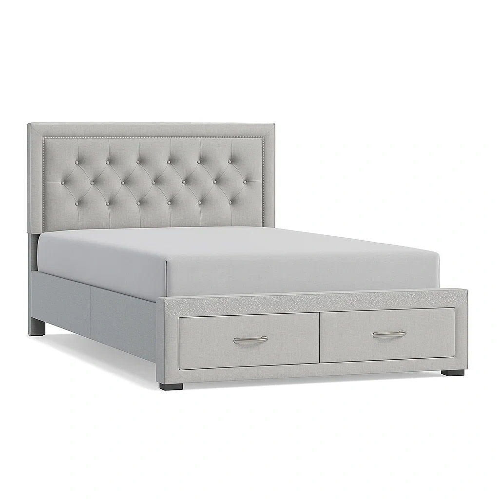 Lit avec rangement en bois avec tête de lit capitonnée et tiroirs de rangement