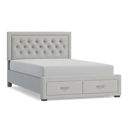 Lit avec rangement en bois avec tête de lit capitonnée et tiroirs de rangement