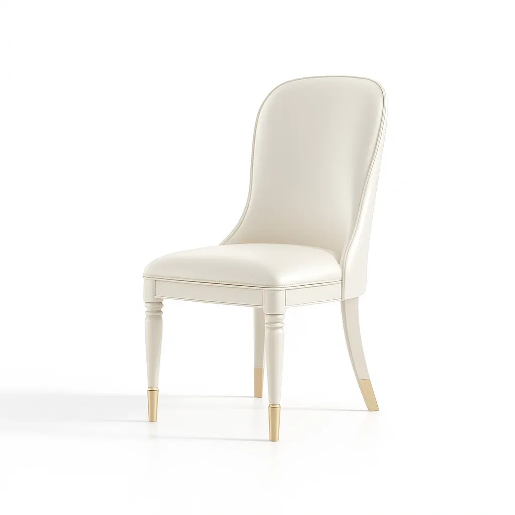 Chaise de salle à manger en cuir synthétique blanc avec pieds en bois et détails dorés