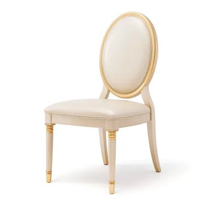 Chaise de salle à manger en bois et similicuir beige avec détails dorés