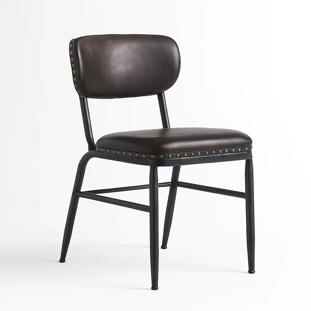 Chaise de salle à manger en métal et cuir synthétique marron