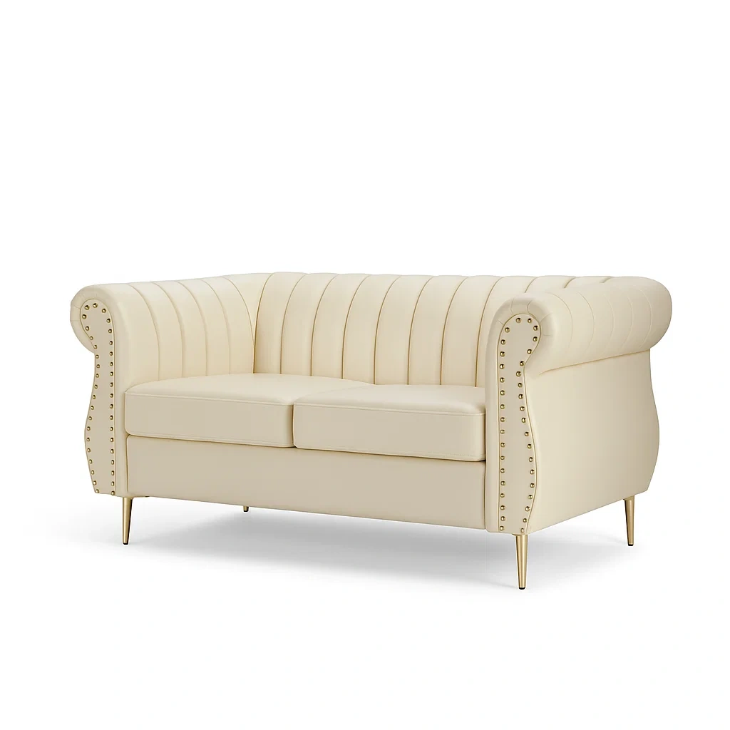 Canapé deux places en cuir PU beige avec pieds en métal