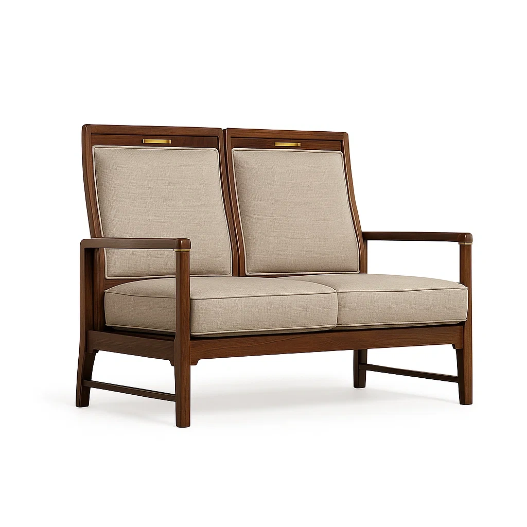 Canapé deux places en bois et tissu beige