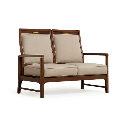 Canapé deux places en bois et tissu beige