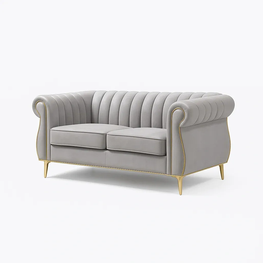 Canapé deux places en velours gris avec accents métalliques dorés