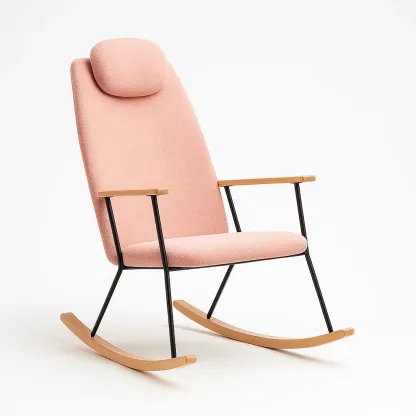 Chaise à bascule en tissu rose avec cadre en métal et accoudoirs en bois