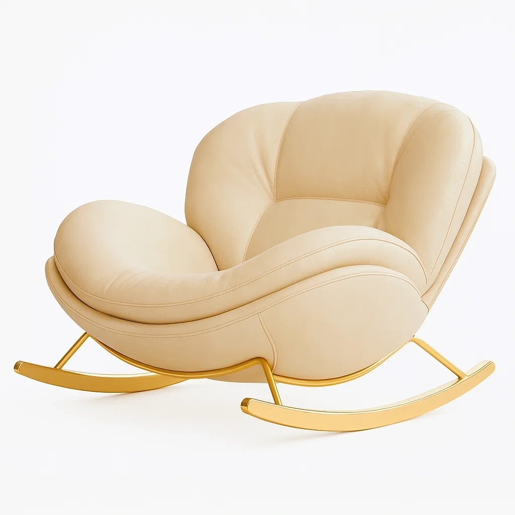Chaise à bascule en cuir synthétique beige avec structure métallique dorée
