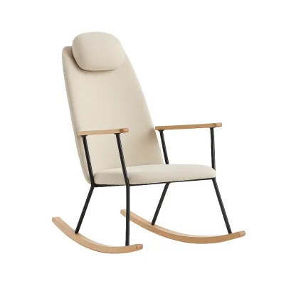 Chaise à bascule en tissu polyester beige avec cadre métallique et bois 56×95×110 cm