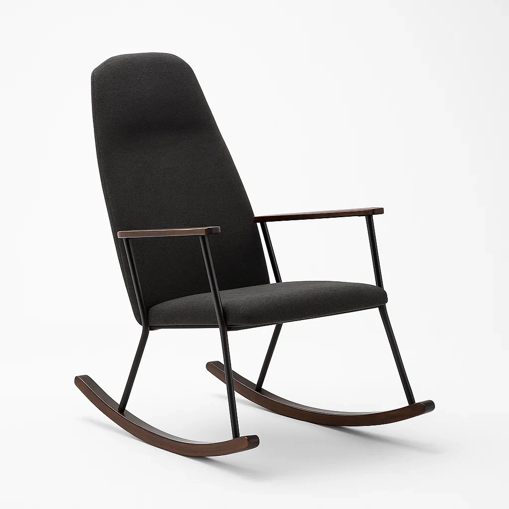 Chaise à bascule en textile avec cadre en métal et bois