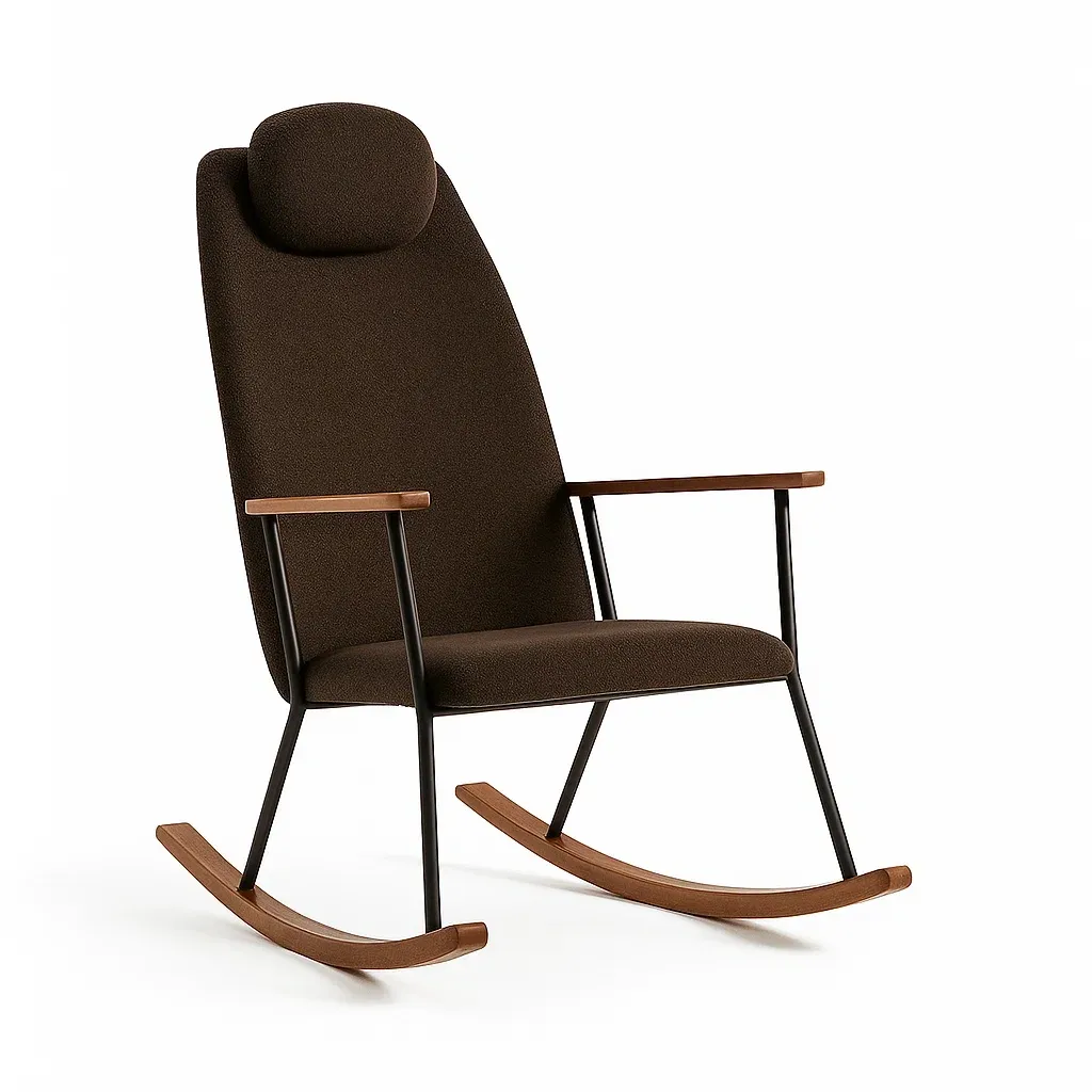Chaise à bascule en tissu marron avec métal et bois
