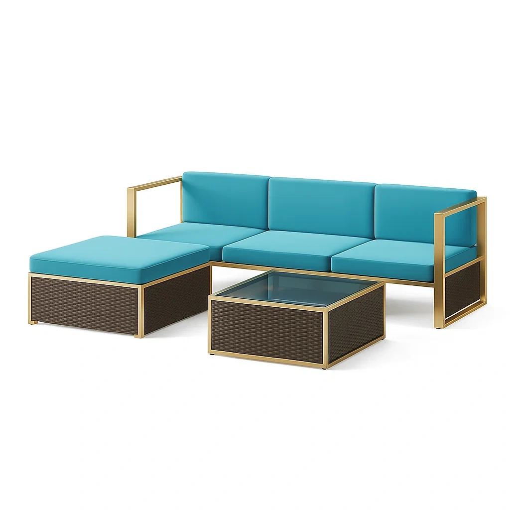 Ensemble de canapé de jardin en aluminium et rotin avec coussins bleus et table basse en verre trempé