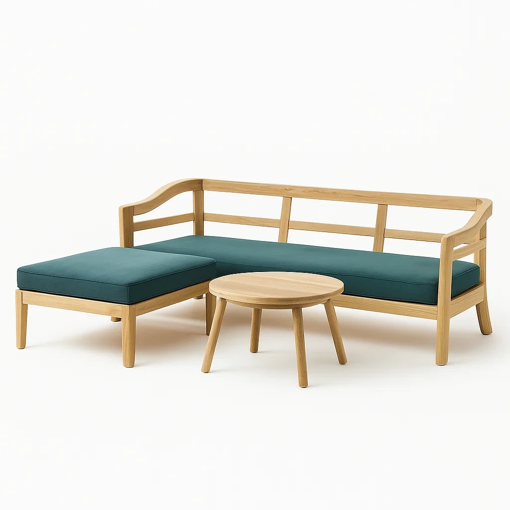 Ensemble de salon canapé en bois avec coussins en polyester bleu vert et table ronde