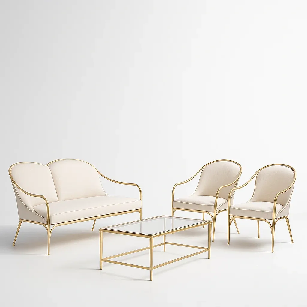 Ensemble de salon en métal doré avec tissu beige