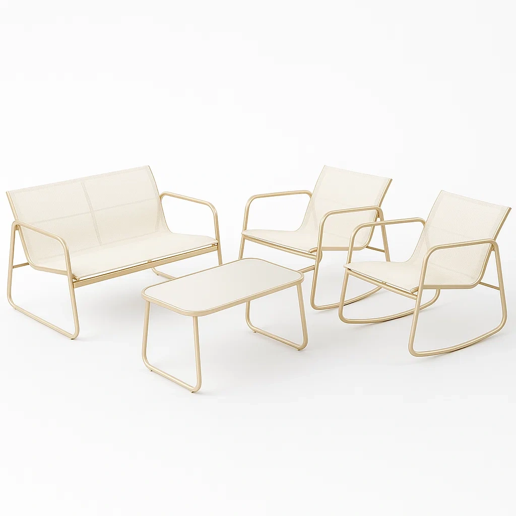 Ensemble de canapé de jardin en métal avec 2 fauteuils, une banquette deux places et une table basse crème