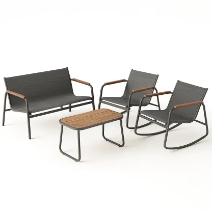 Ensemble de canapé de jardin 4 pièces en métal et bois avec tissu gris