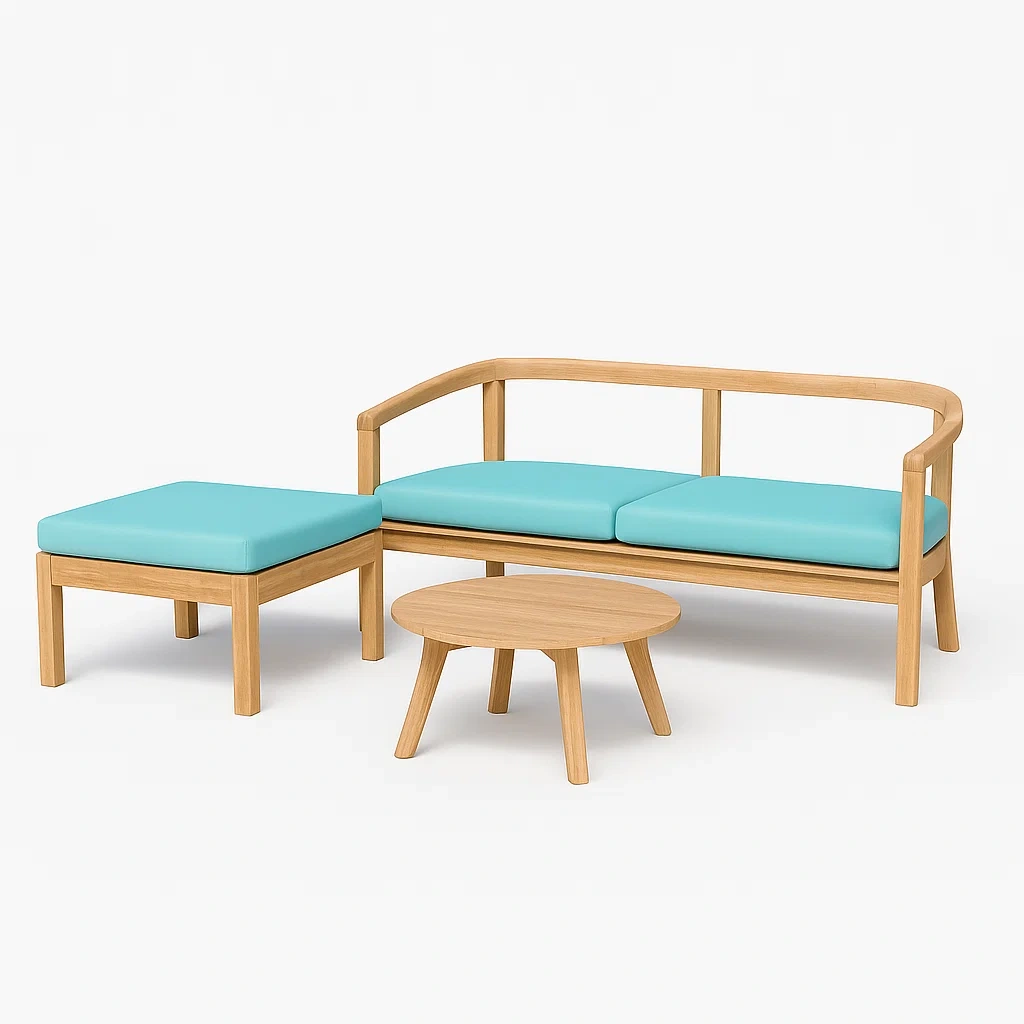 Ensemble de salon en bois avec coussins bleus et table basse