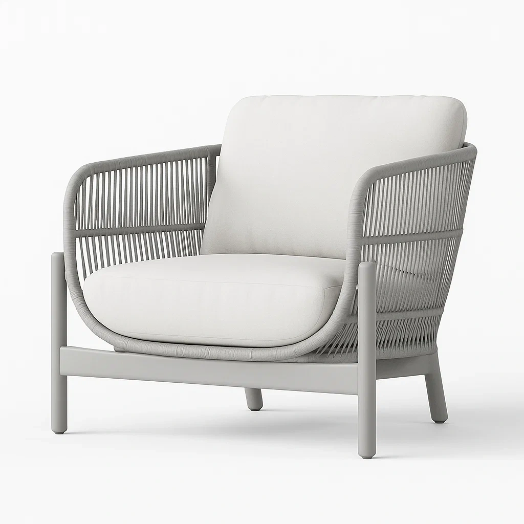 Fauteuil club de salon en métal et corde avec coussins en tissu blanc