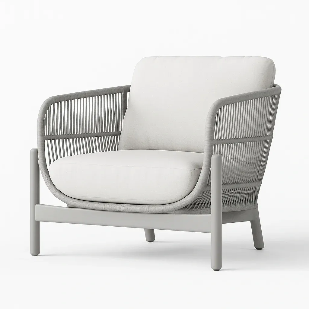 Fauteuil club de salon en métal et corde avec coussins en tissu blanc