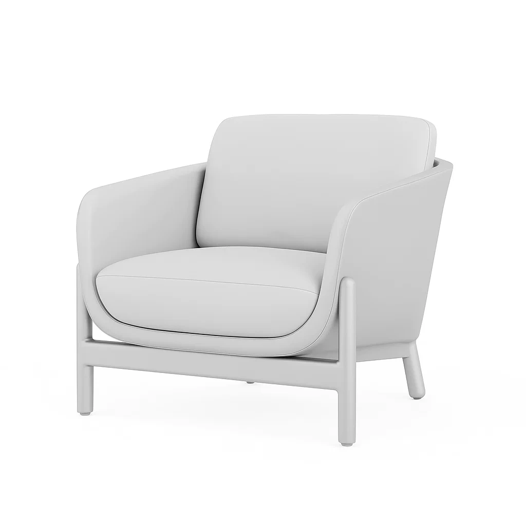 Fauteuil club en cuir synthétique gris clair avec structure en bois