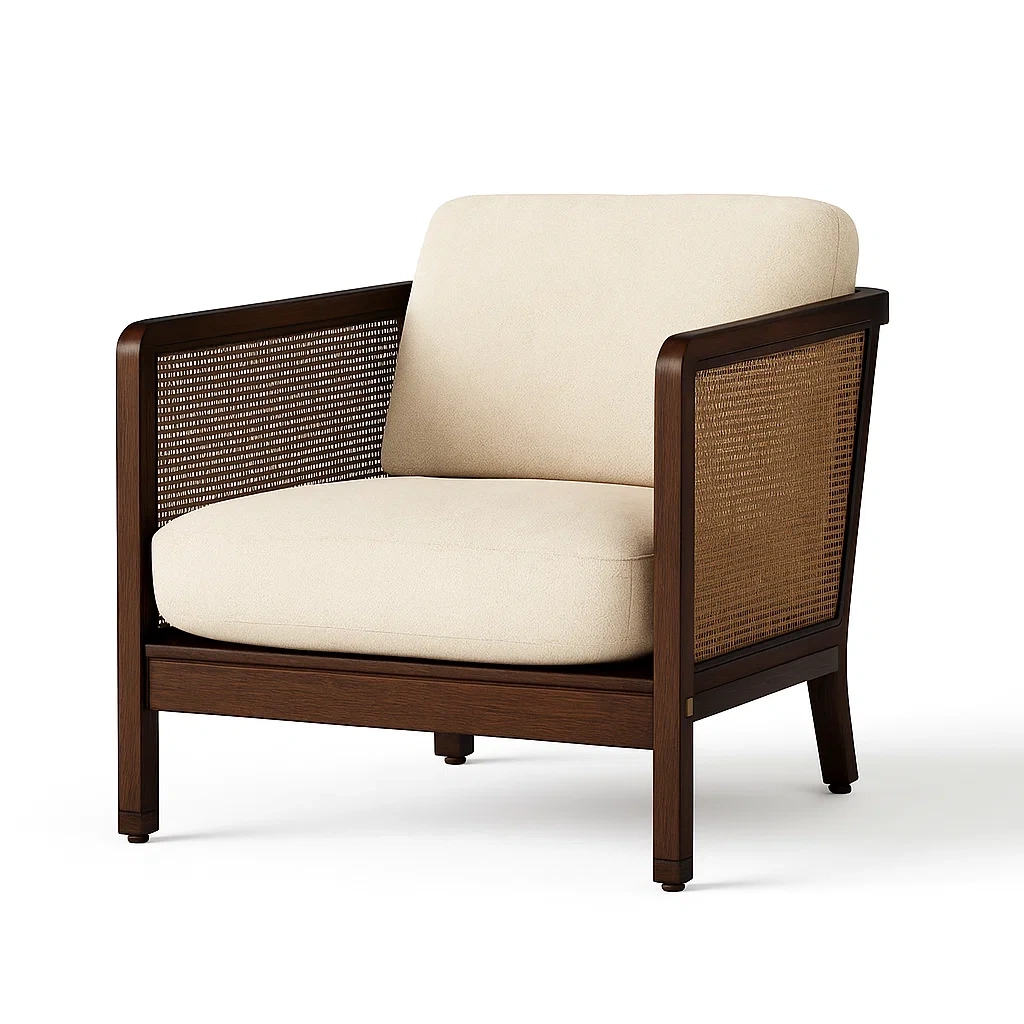 Fauteuil club en bois avec cannage et tissu beige