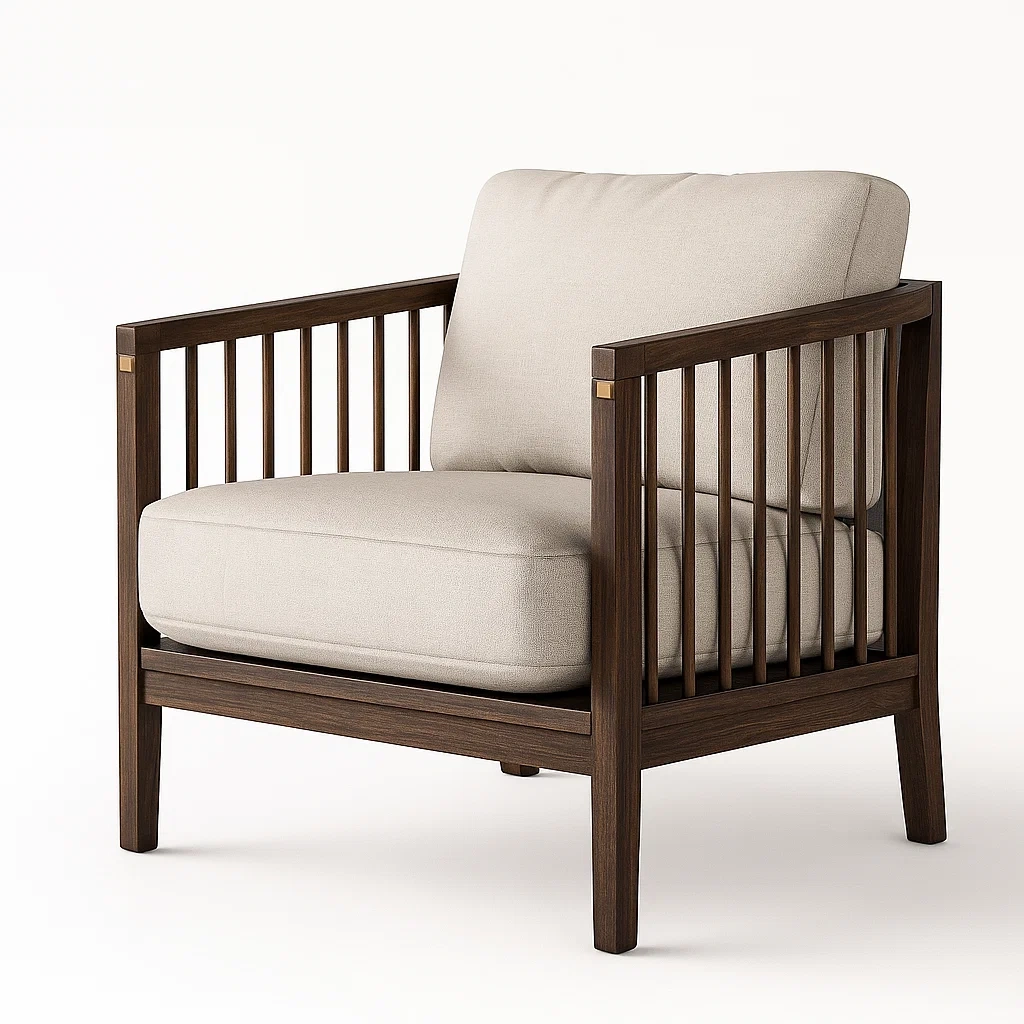 Fauteuil club en bois avec coussins amovibles en tissu beige