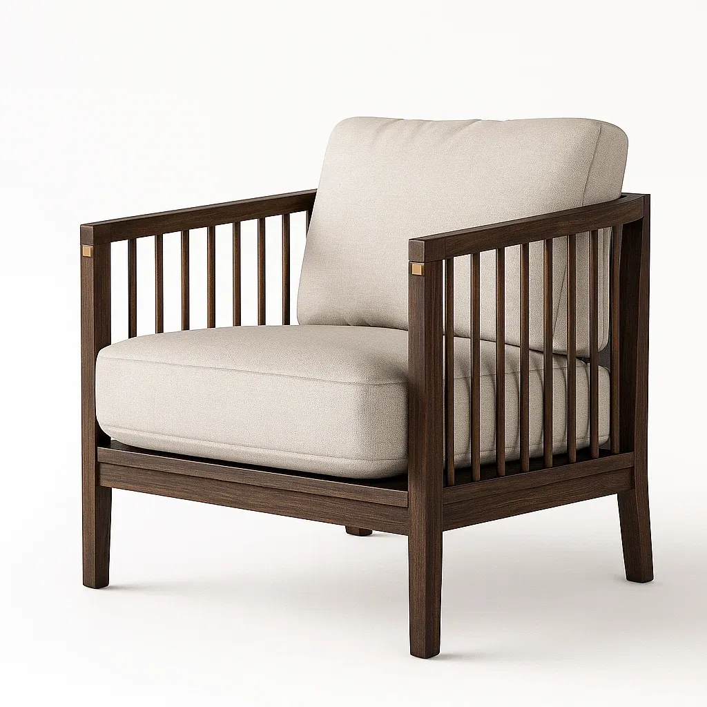 Fauteuil club en bois avec coussins amovibles en tissu beige