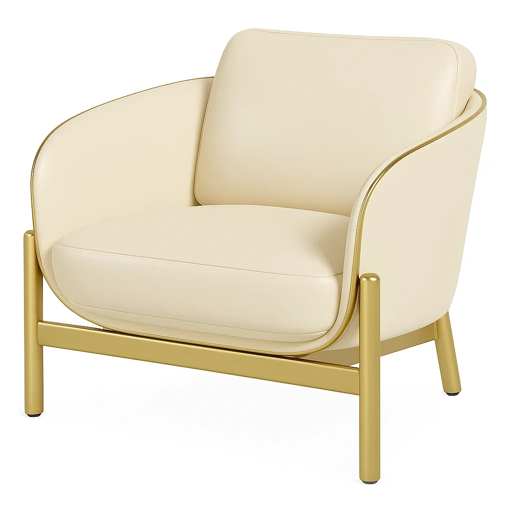 Fauteuil club en cuir synthétique beige avec structure métallique dorée