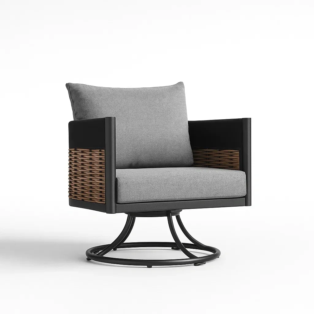 Fauteuil club pivotant aluminium et résine avec coussins gris