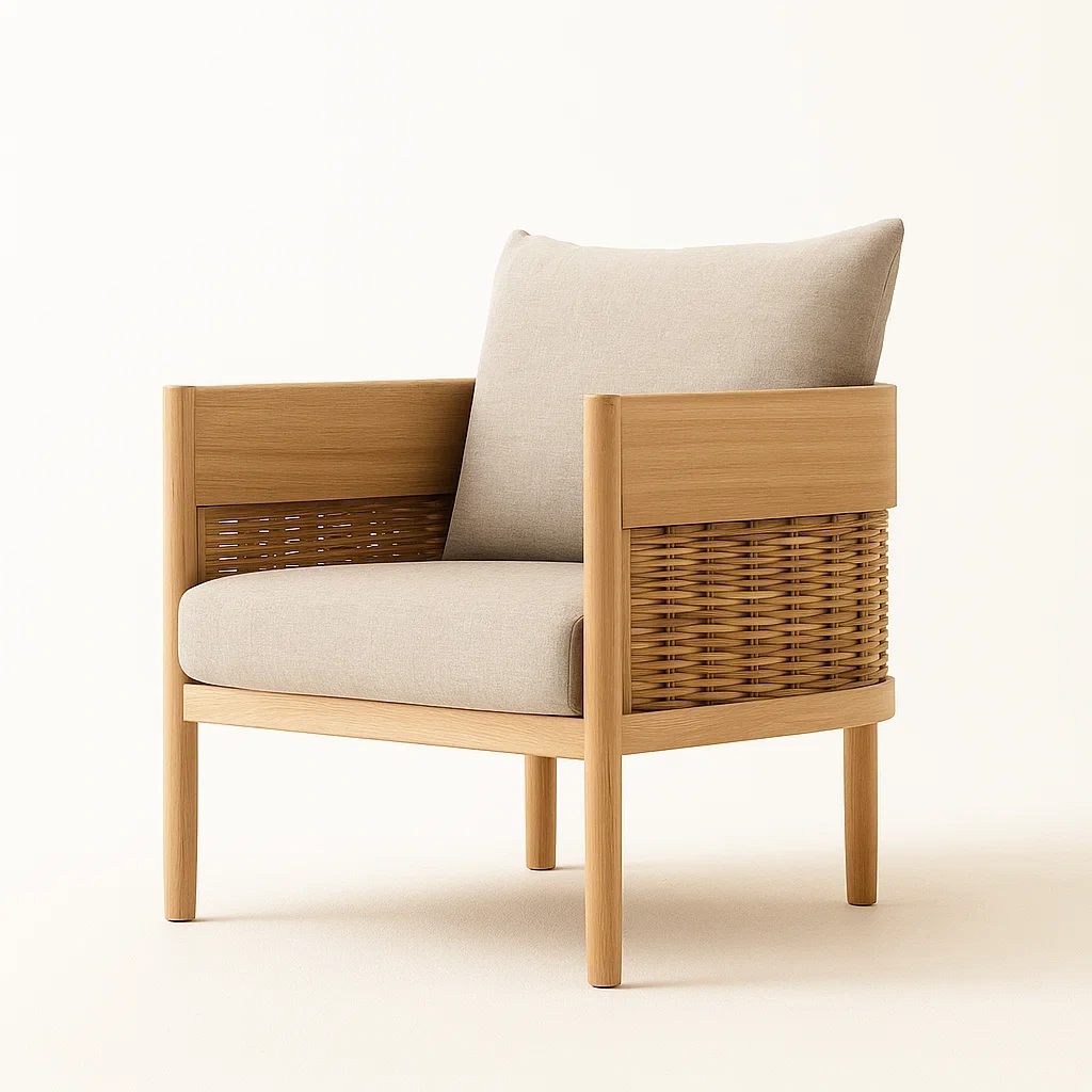 Fauteuil club en bois avec accoudoirs en rotin et coussins en lin beige
