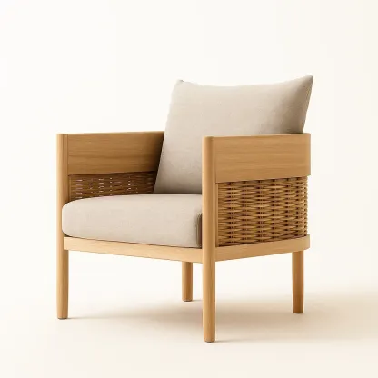 Fauteuil club en bois avec accoudoirs en rotin et coussins en lin beige