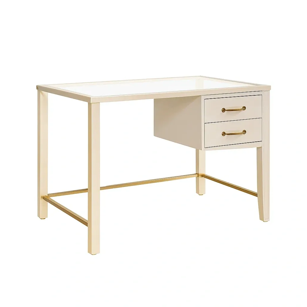 Bureau en bois MDF avec plateau en verre trempé blanc et tiroirs
