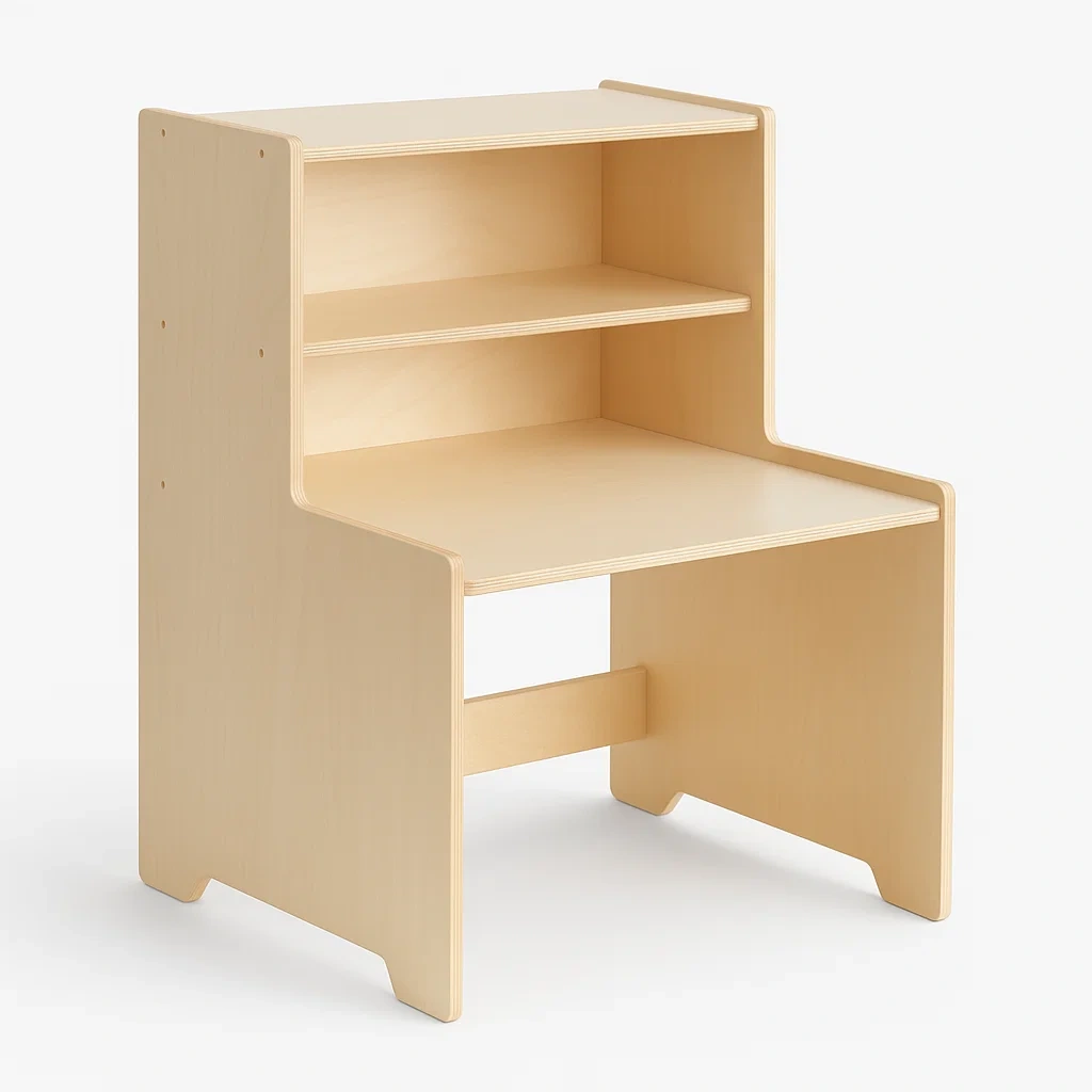 Bureau en contreplaqué naturel avec deux étagères pour enfant