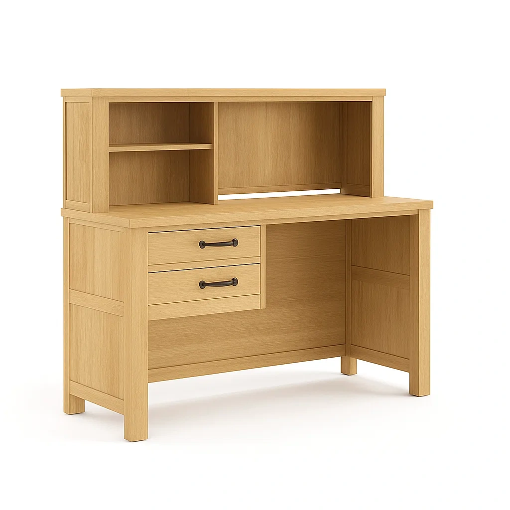 Bureau en bois de chêne clair avec étagères et tiroirs
