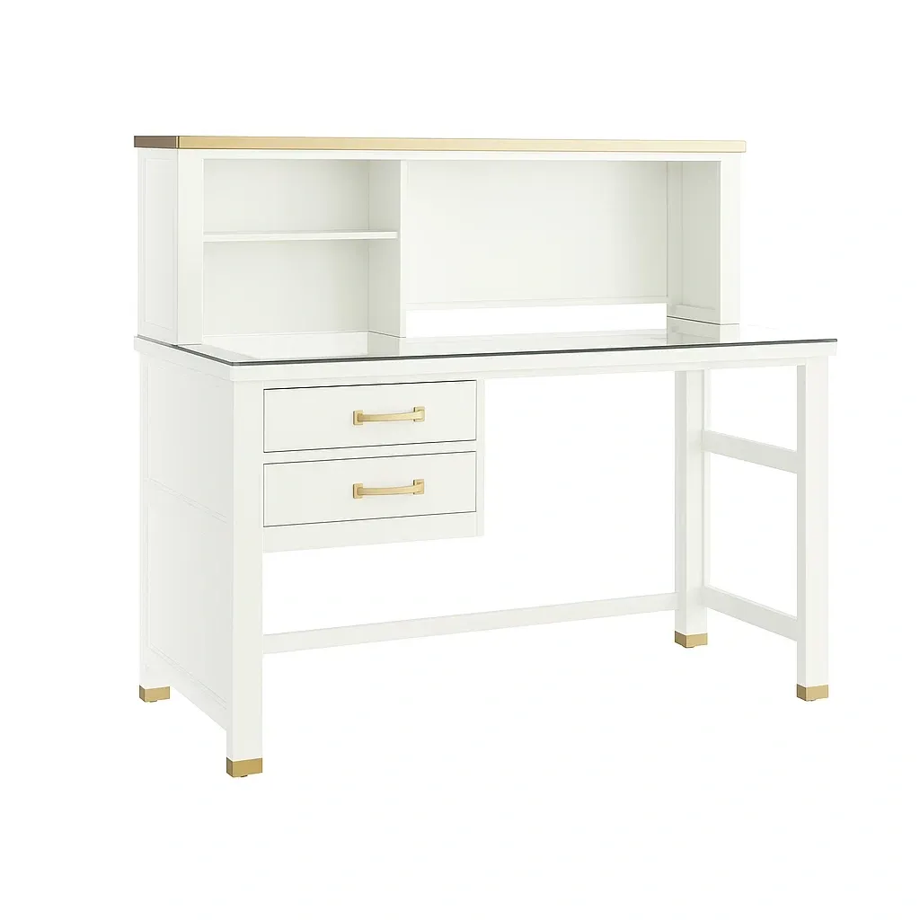 Bureau en bois avec étagère et tiroirs en verre trempé blanc