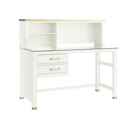 Bureau en bois avec étagère et tiroirs en verre trempé blanc