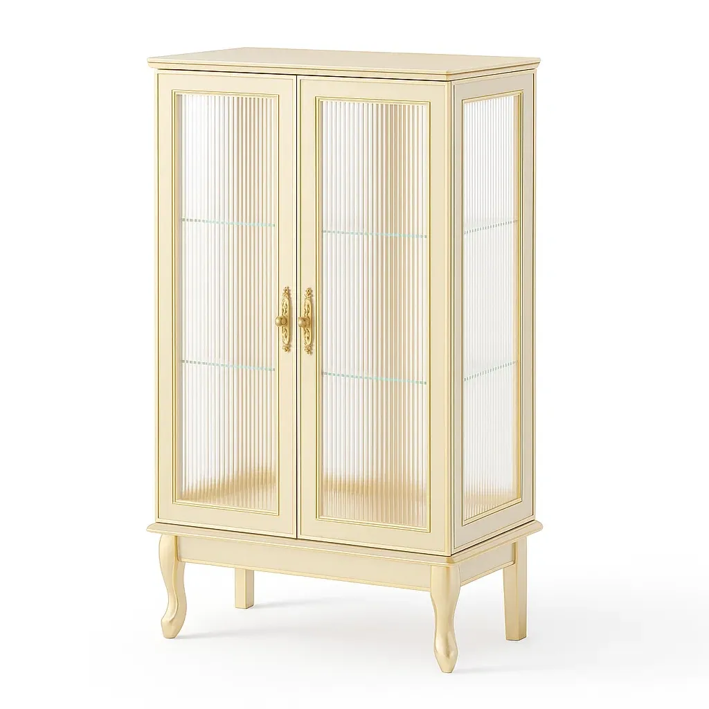 Vitrine d'exposition en bois et verre cannelé beige