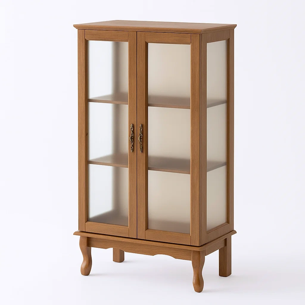 Vitrine d'exposition en MDF avec placage chêne et verre trempé, coloris brun