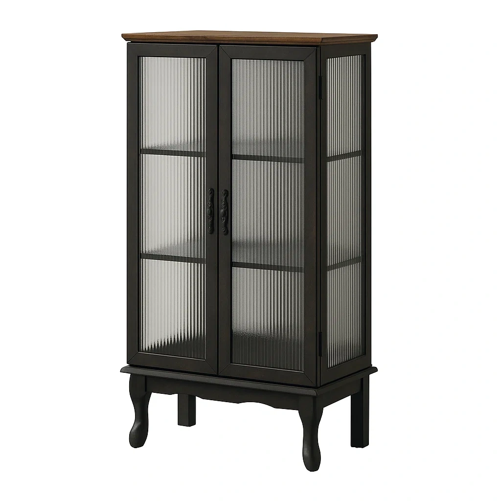 Vitrine d'exposition à deux portes en verre cannelé acier et bois noir/bois