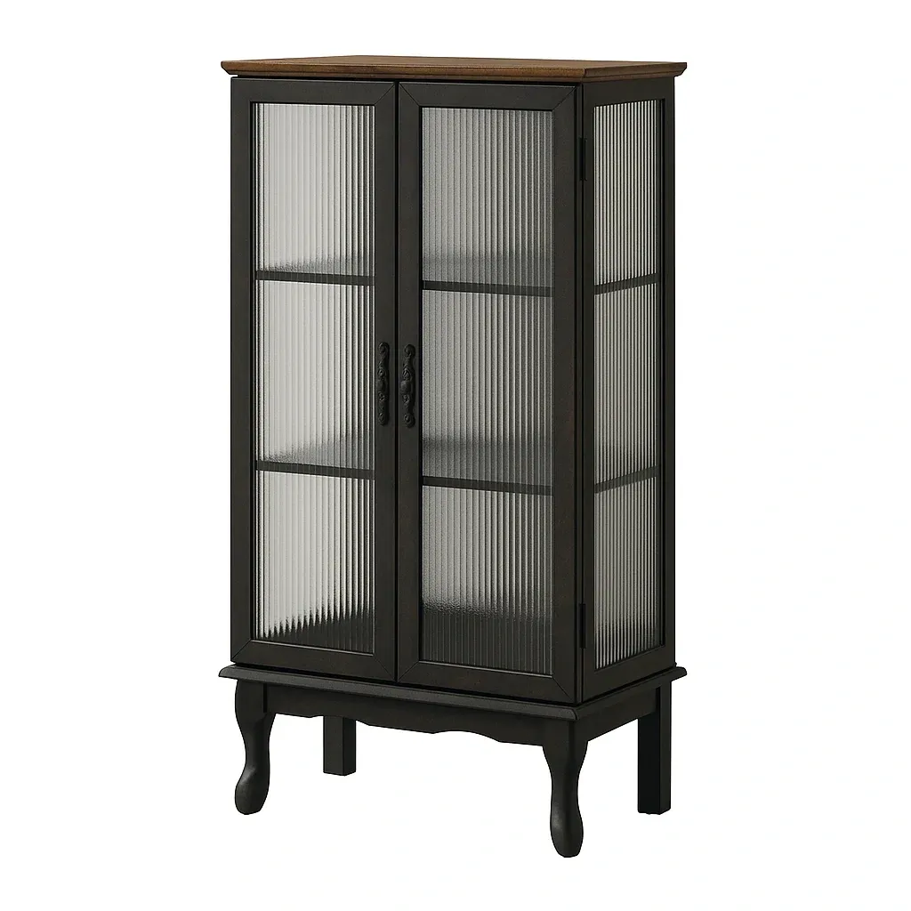 Vitrine d'exposition à deux portes en verre cannelé acier et bois noir/bois