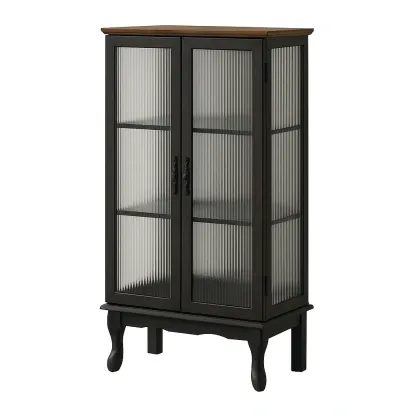 Vitrine d'exposition à deux portes en verre cannelé acier et bois noir/bois