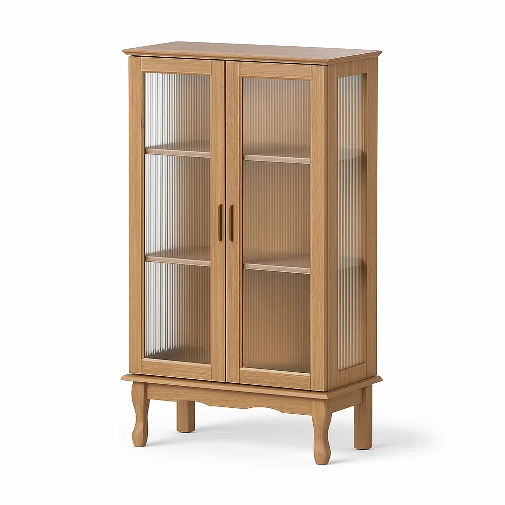 Vitrine d'exposition en chêne avec portes en verre rainuré