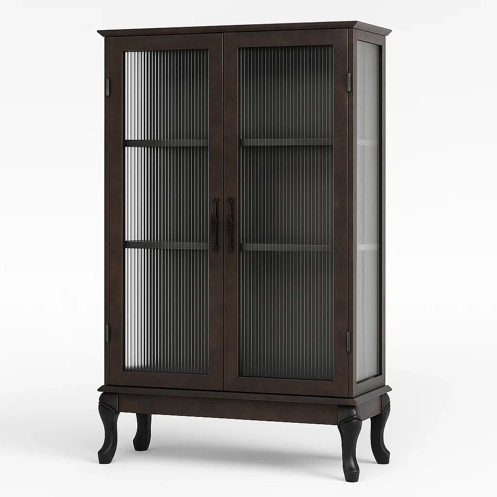 Vitrine d'exposition en bois et verre strié, portes doubles brun 200×100×40 cm