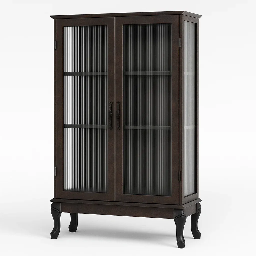 Vitrine d'exposition en bois et verre strié, portes doubles brun 200×100×40 cm