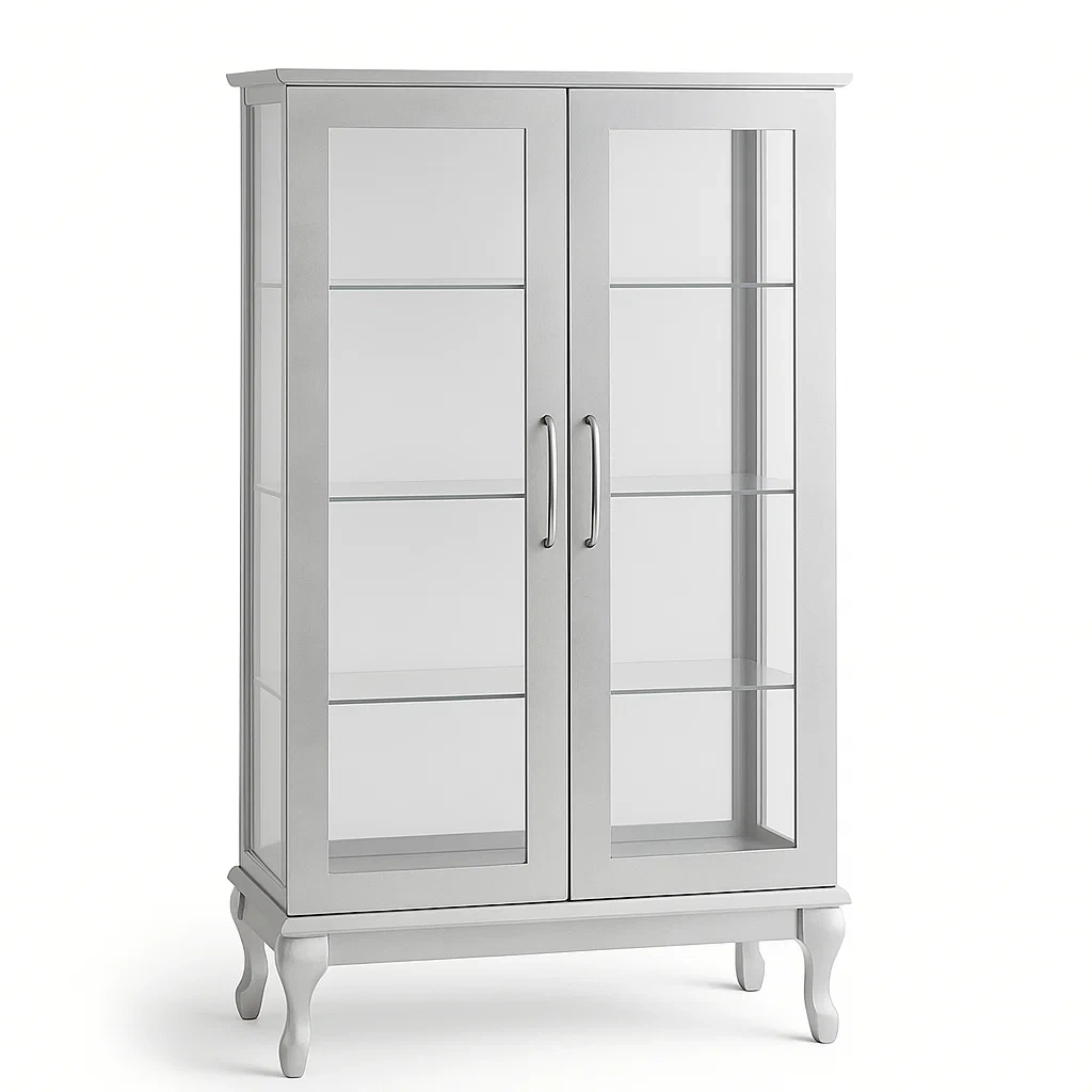 Vitrine d'exposition portes en verre, 4 étagères bois gris 60×35×120 cm