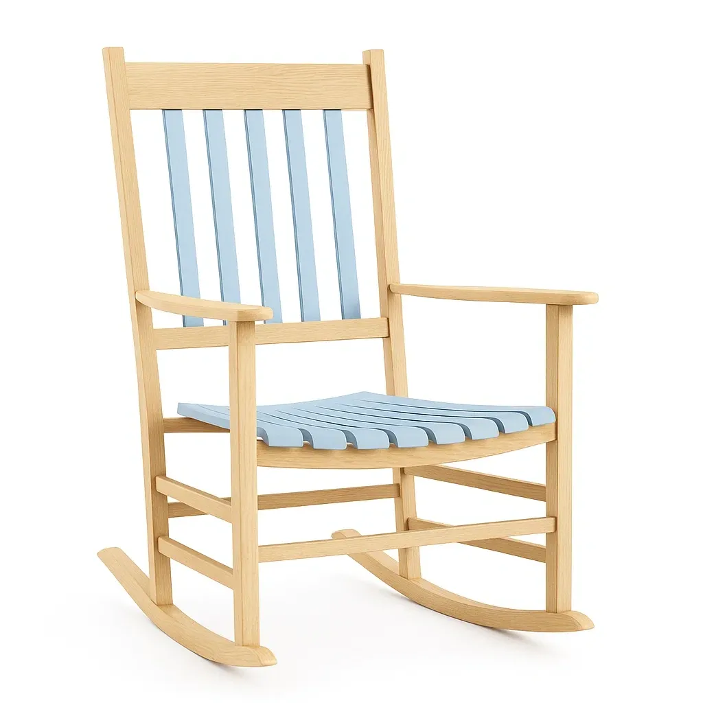 Chaise à bascule de terrasse en bois et plastique bleu ciel