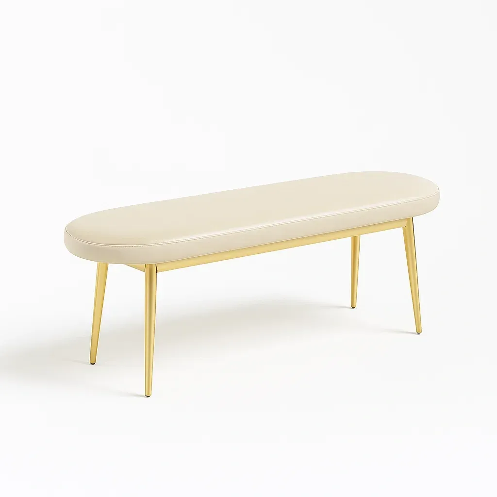 Banc d’entrée ovale en similicuir beige avec pieds en métal doré