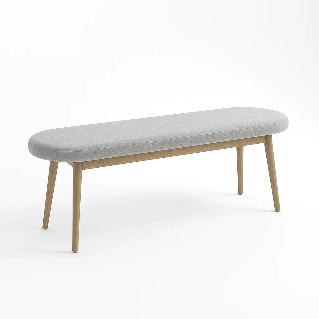 Banc d’entrée rembourré en tissu gris avec pieds en bois