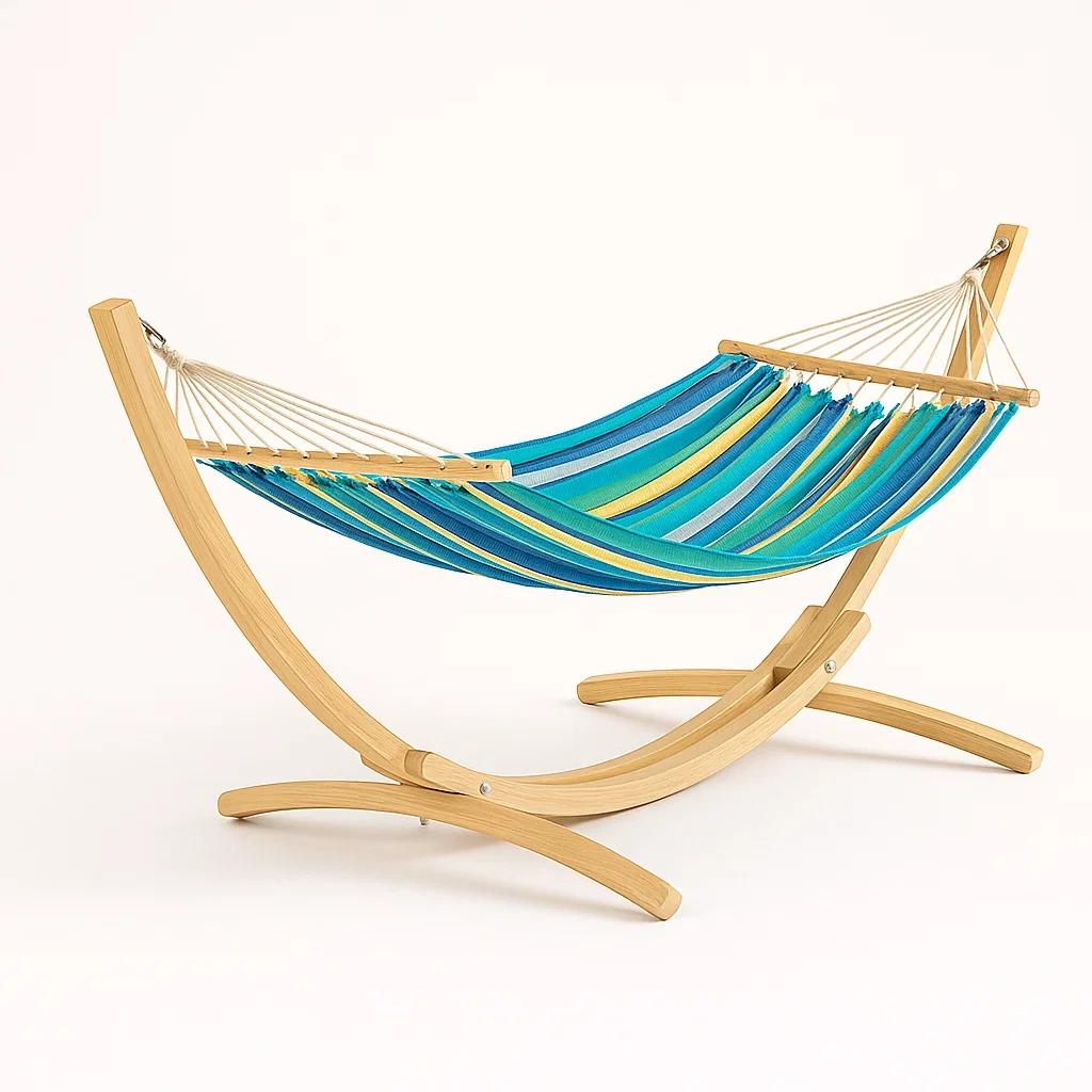 Hamac rayé en polyester avec support en bois
