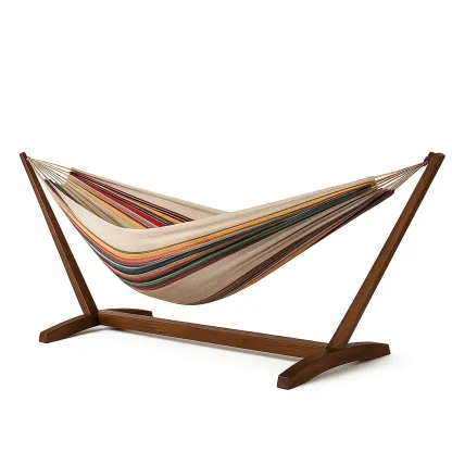 Hamac sur pied en bois et coton rayé multicolore